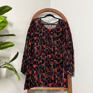 J. Jill 1X Multicolored Velvet Semi Sheer Silk Blend Long Sleeve Blouse Top